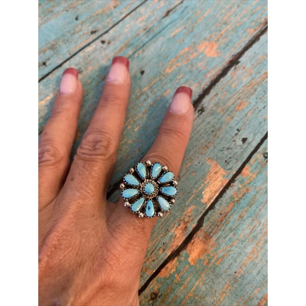 Navajo Sterling Silver Turquoise Cluster Ring - Picture 3 of 8